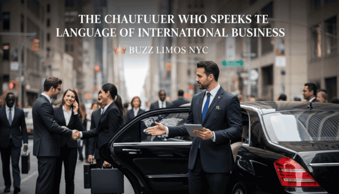 Chauffeur with tablet beside black limousine greeting executives