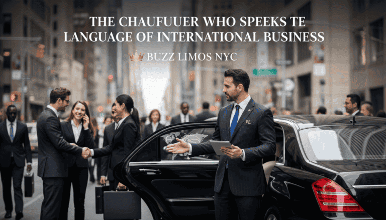 Chauffeur with tablet beside black limousine greeting executives