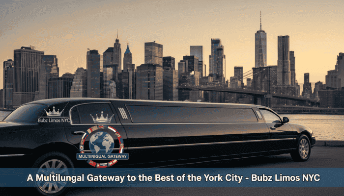 Black stretch limousine with NYC skyline at sunset