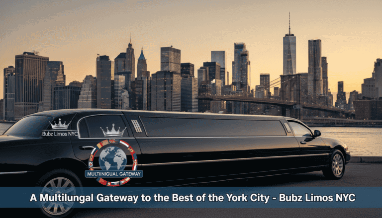 Black stretch limousine with NYC skyline at sunset