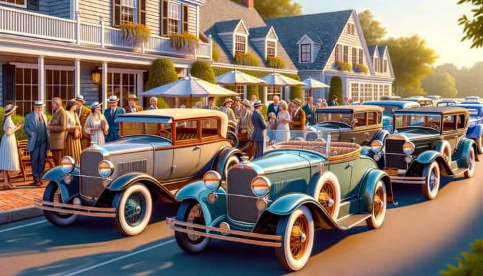 Vintage 1920s cars outside elegant hotel gathering