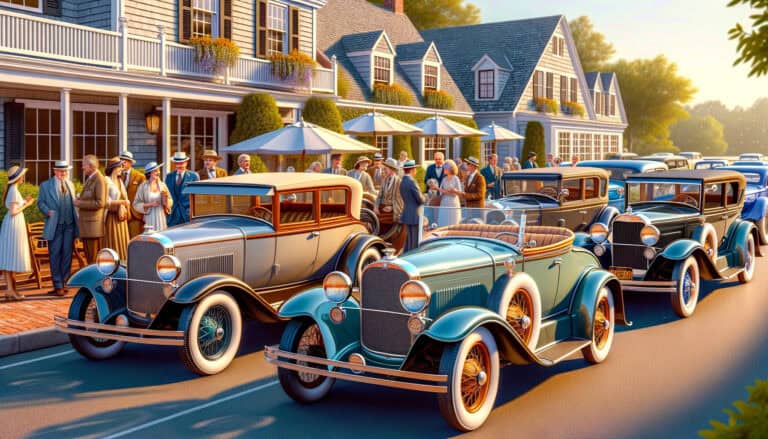 Vintage 1920s cars outside elegant hotel gathering