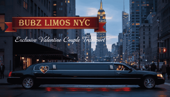 Black limousine with couple in NYC at night