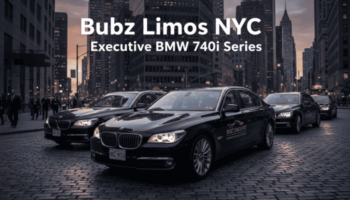 Black BMW 740i limousines in NYC at dusk