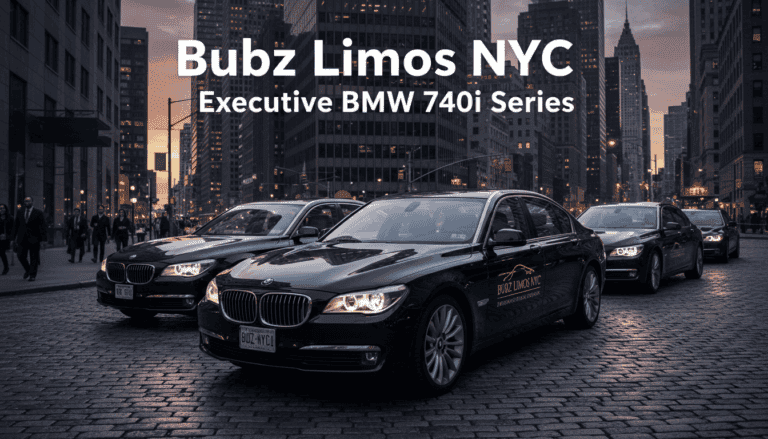 Black BMW 740i limousines in NYC at dusk