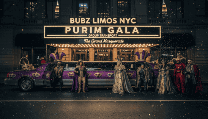 Masquerade group posing by purple limo at gala