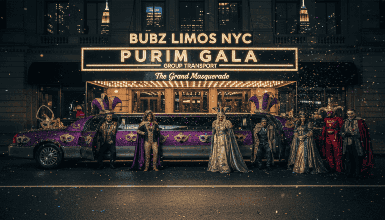 Masquerade group posing by purple limo at gala