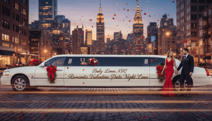 Romantic couple beside decorated limousine in NYC skyline