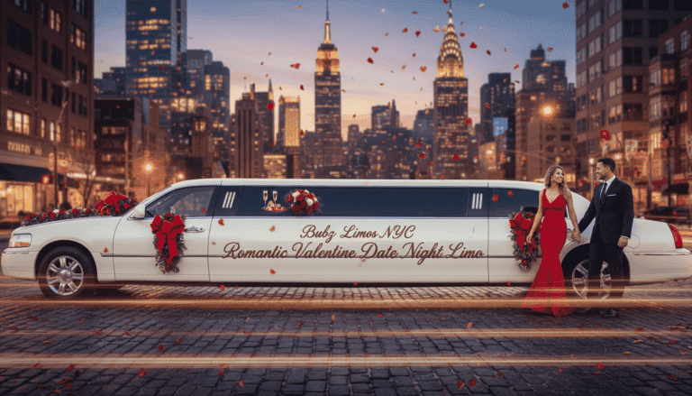 Romantic couple beside decorated limousine in NYC skyline
