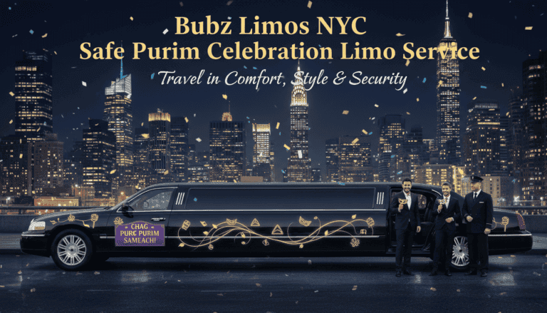 Stretch limousine with NYC skyline at night