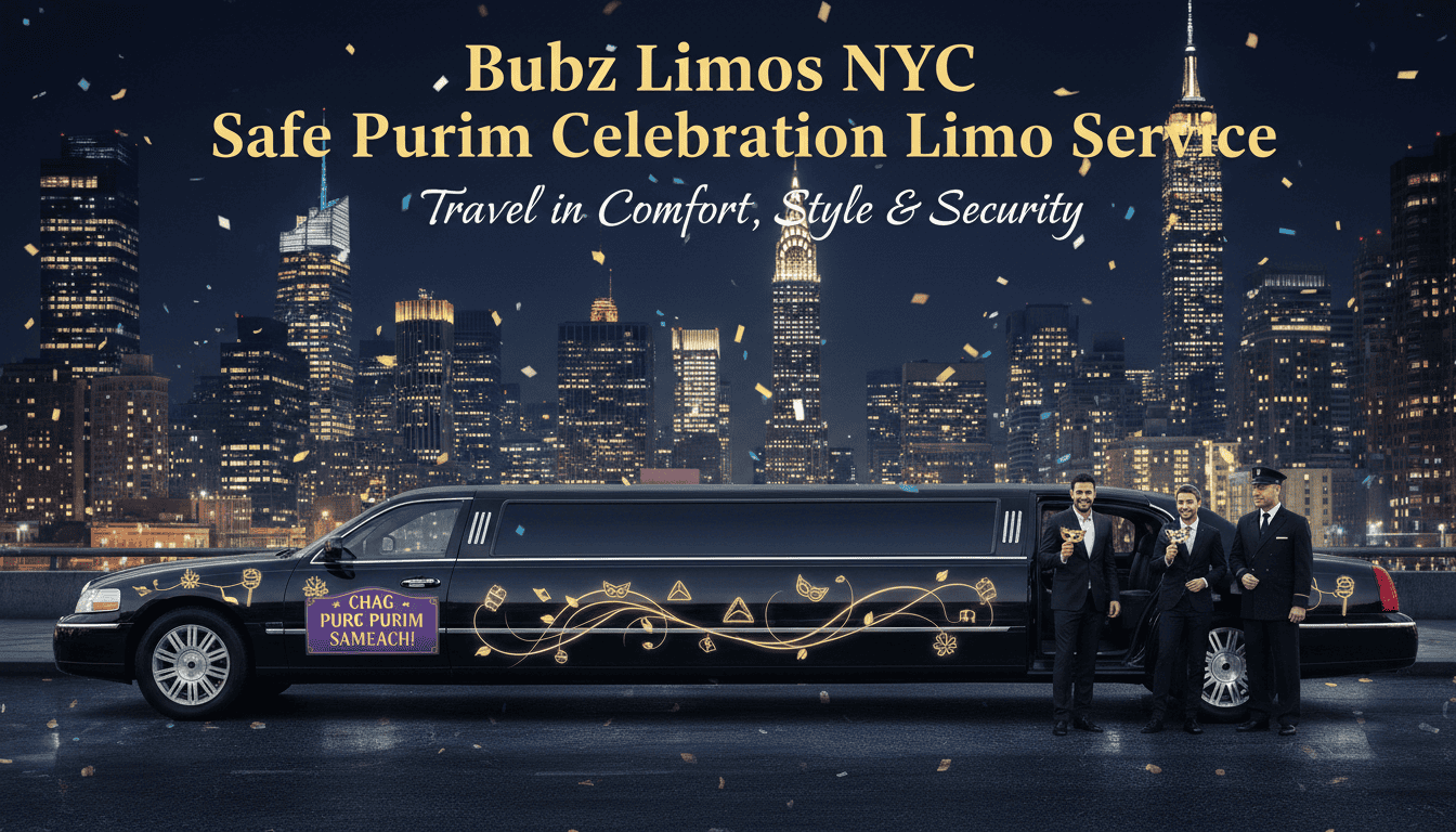Stretch limousine with NYC skyline at night