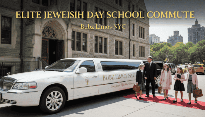 White stretch limo outside Jewish day school building