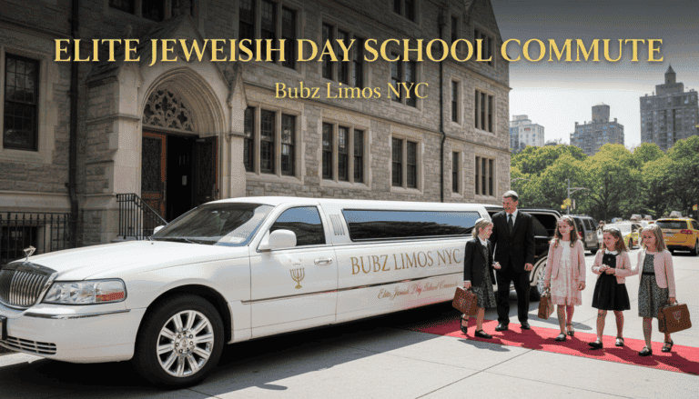 White stretch limo outside Jewish day school building