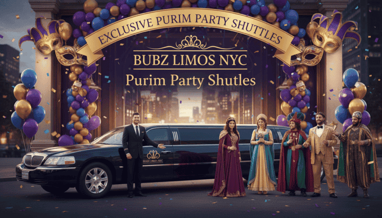 Purim party limo service with costumed guests and balloons