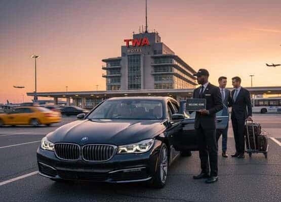 Chauffeur with BMW outside TWA Hotel at sunset