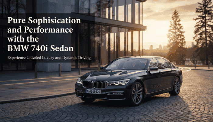 BMW 740i sedan parked by modern building at sunset