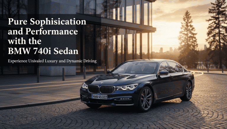 BMW 740i sedan parked by modern building at sunset