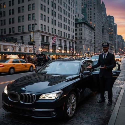 Chauffeur beside black BMW on city street at dusk