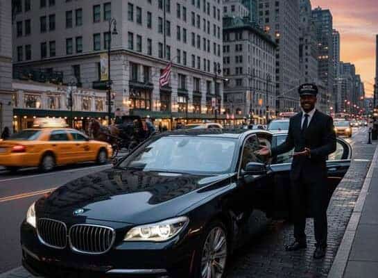 Chauffeur beside black BMW on city street at dusk