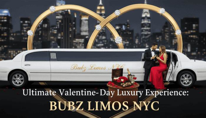 Couple celebrating Valentine’s Day beside luxury limousine in NYC