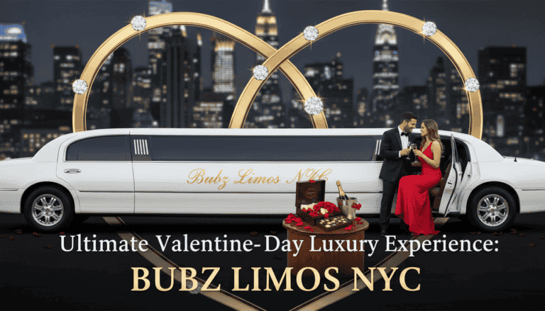 Couple celebrating Valentine’s Day beside luxury limousine in NYC