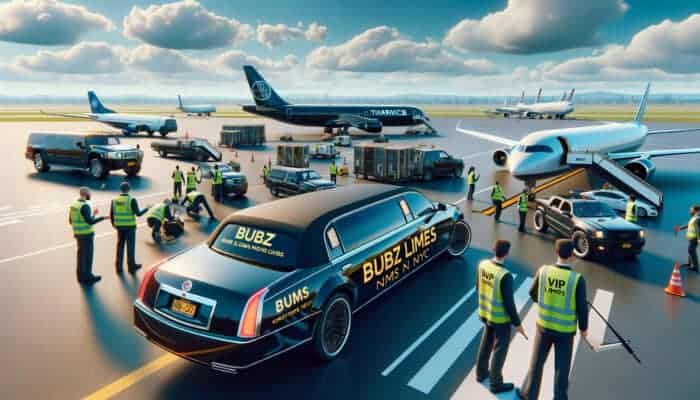 Luxury limousine service on busy airport tarmac