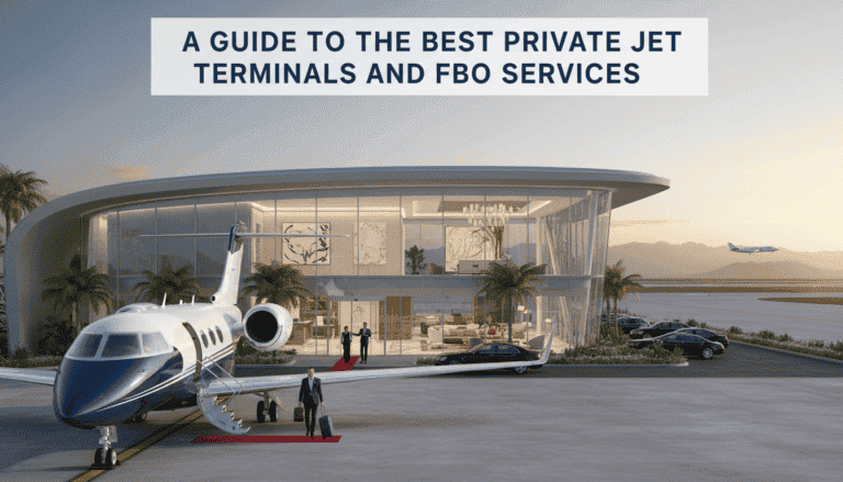 Private jet outside luxury glass terminal building