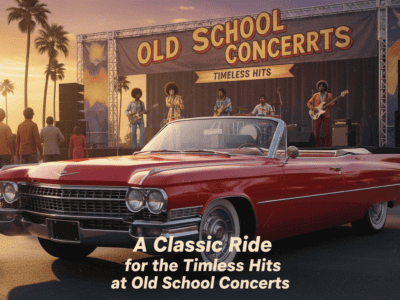Red vintage convertible at old school outdoor concert