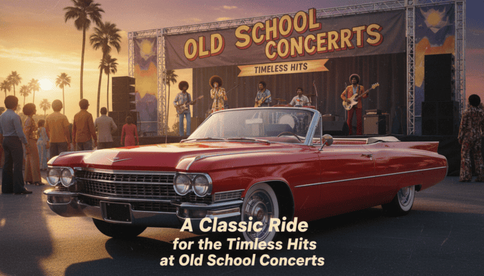 Red vintage convertible at old school outdoor concert