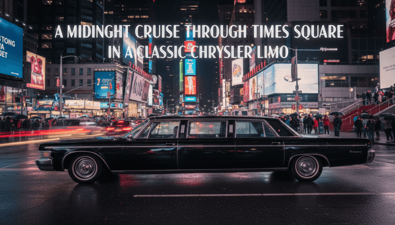 Classic Chrysler limo in Times Square at night