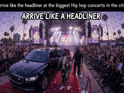 Rapper arriving by luxury car at hip hop festival