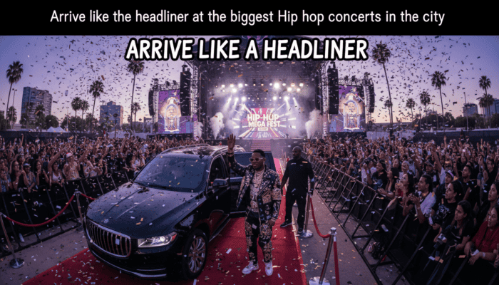 Rapper arriving by luxury car at hip hop festival