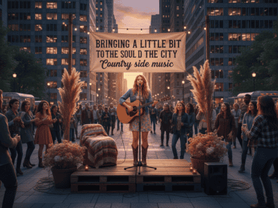 Country singer performing on city street stage