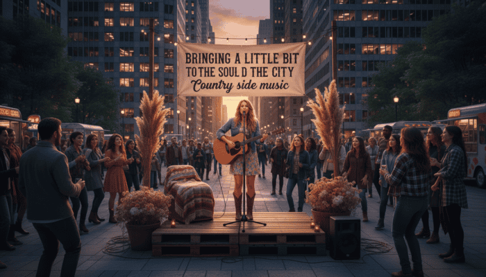 Country singer performing on city street stage