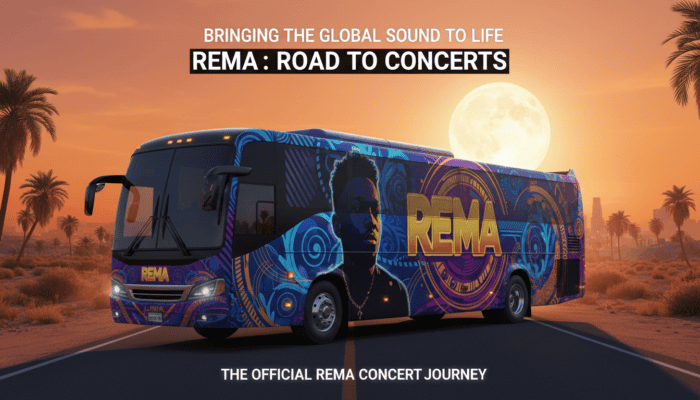 Rema concert tour bus driving at sunset