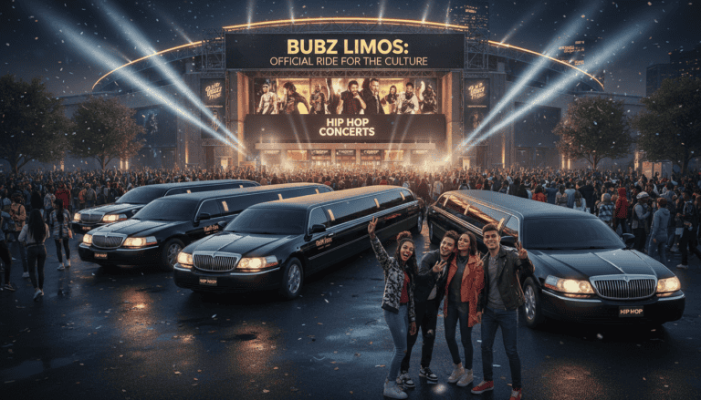 Black limousines outside hip hop concert arena at night