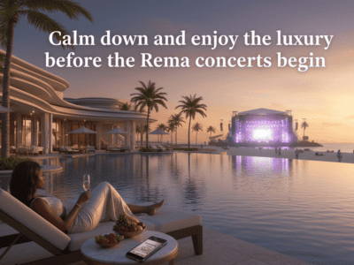 Luxury beachfront resort poolside view with concert stage at sunset