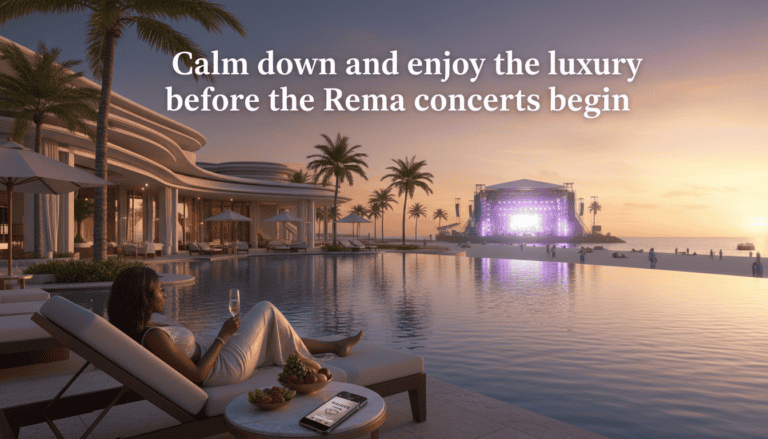 Luxury beachfront resort poolside view with concert stage at sunset