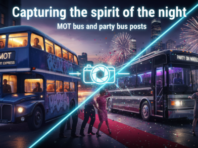 Night city scene with double-decker and party bus