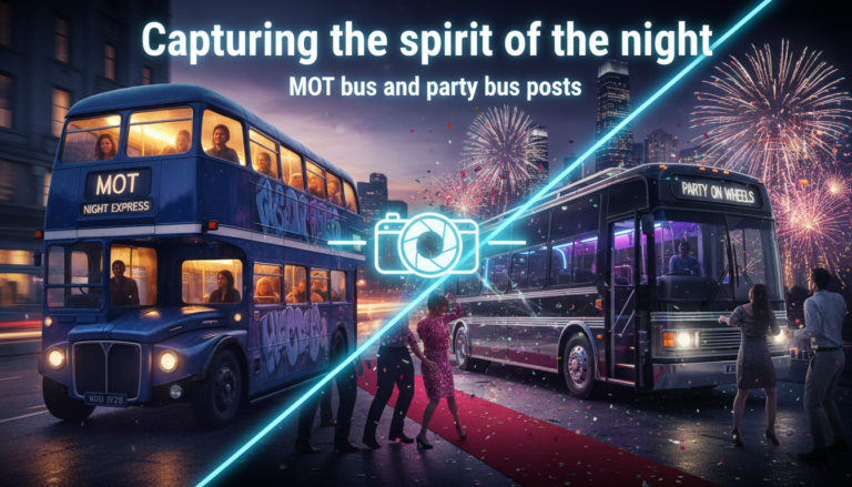 Night city scene with double-decker and party bus