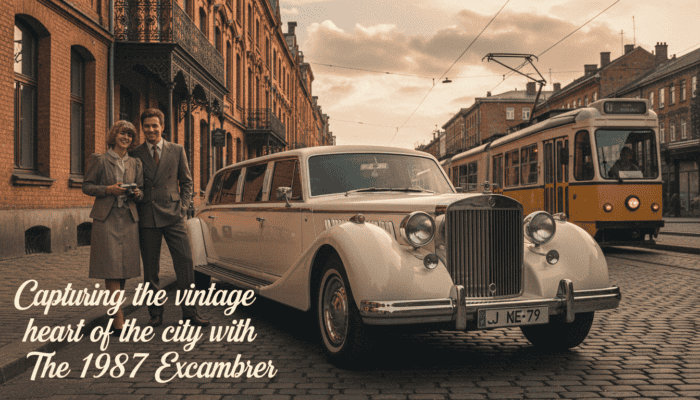 Vintage couple beside classic car on cobblestone street
