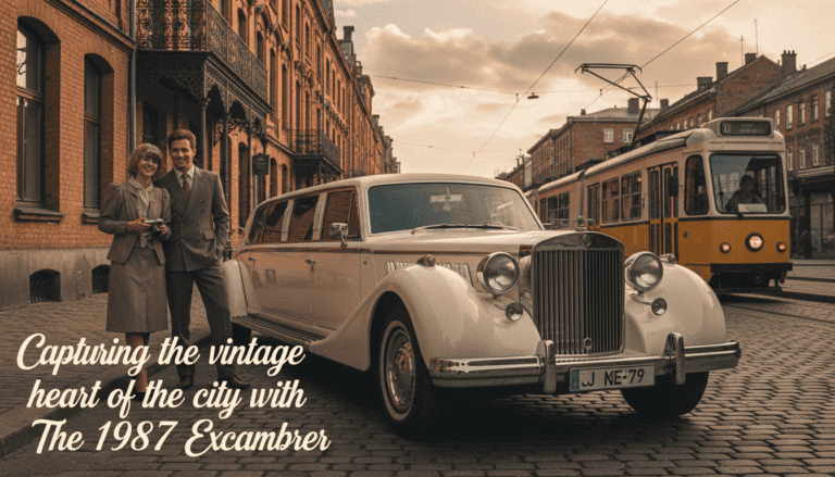 Vintage couple beside classic car on cobblestone street