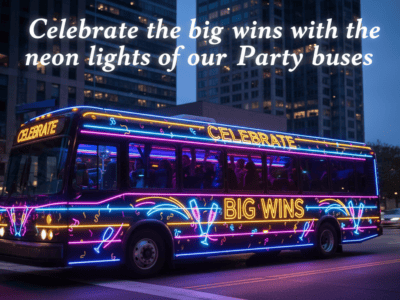 Neon-lit party bus celebrating big wins at night