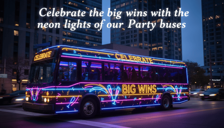 Neon-lit party bus celebrating big wins at night
