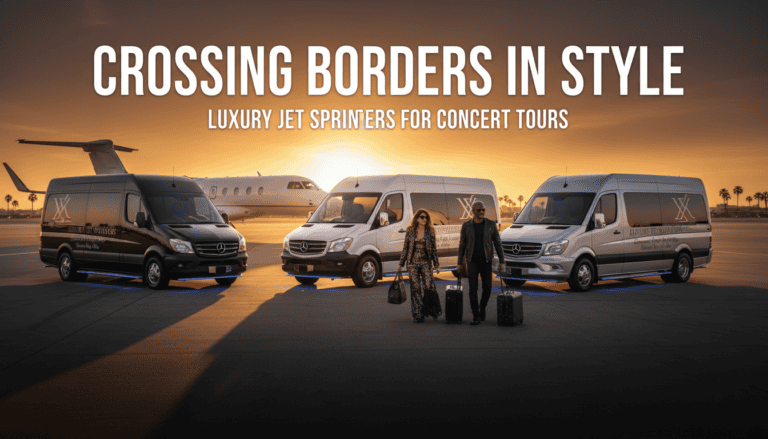 Luxury Sprinter vans and private jet at sunset
