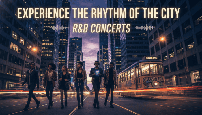 Group walking downtown at night promoting R&B concerts
