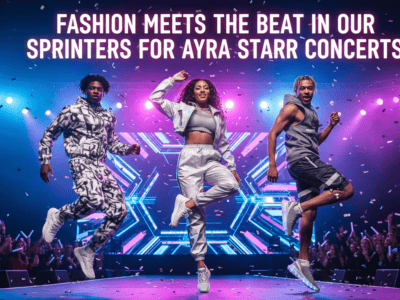 Three dancers performing on neon-lit concert stage