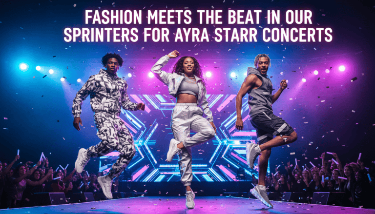 Three dancers performing on neon-lit concert stage