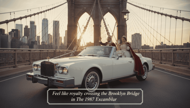 Couple dressed as royalty in convertible on Brooklyn Bridge