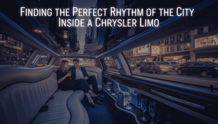 Couple relaxing inside Chrysler limo at night
